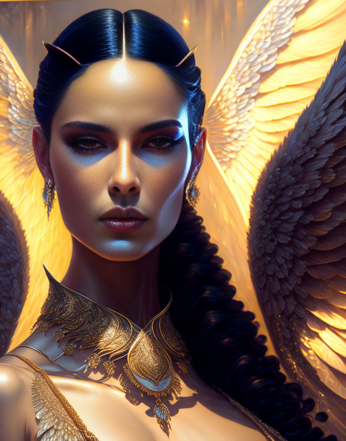 Dark-haired woman with horn-like accessories and angelic wings.