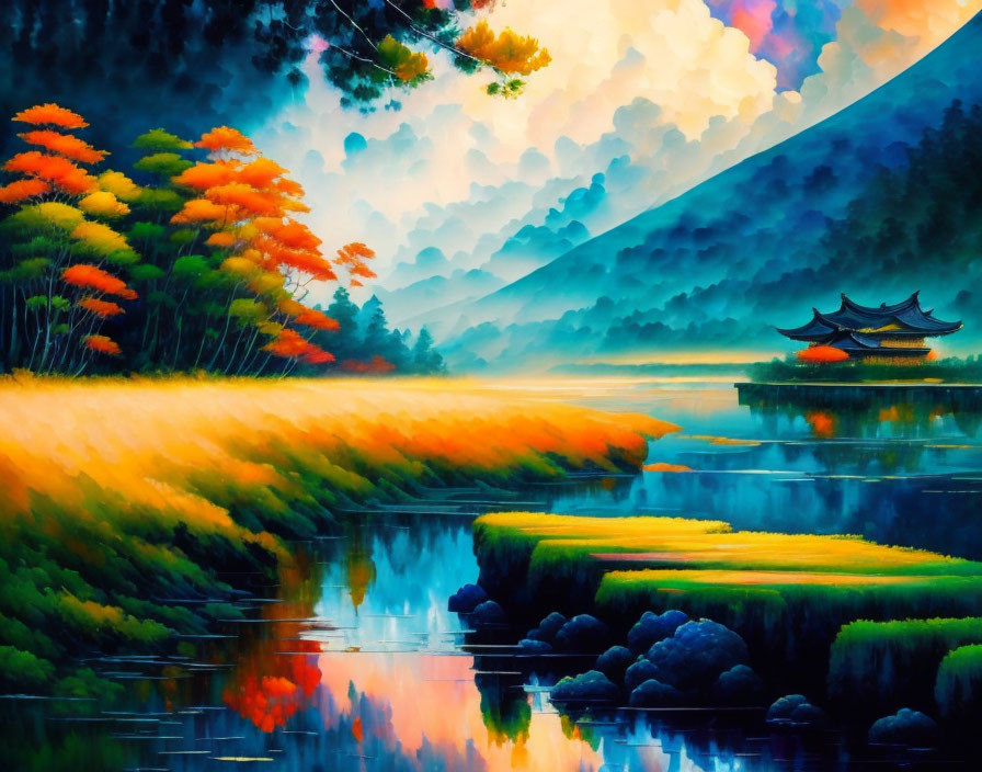 Colorful Landscape Painting: Serene River, Pagodas, Trees, Misty Mountains