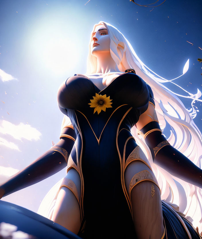 Female animated character with white hair in blue and gold outfit against radiant sky.