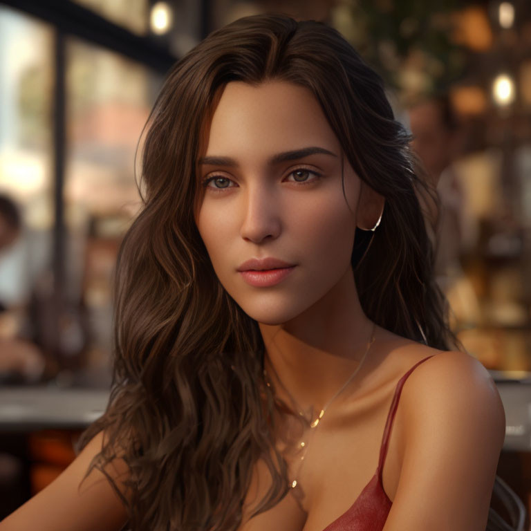 Young woman with wavy brown hair and red top in digital artwork