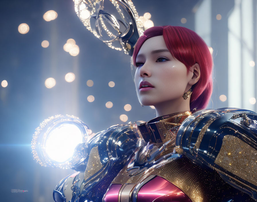 Red-haired woman in black and gold armor suit with futuristic backdrop.