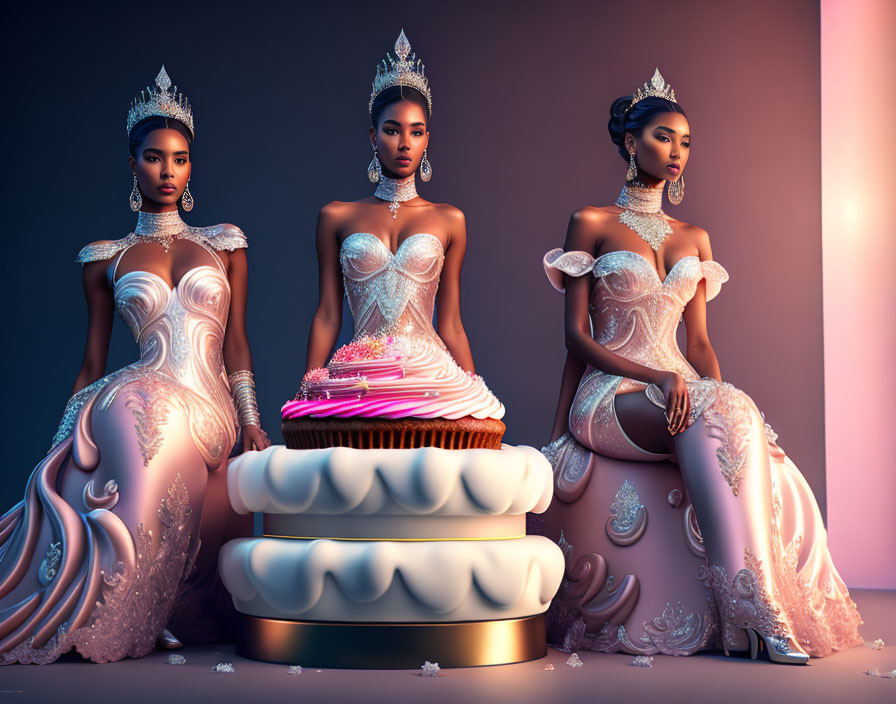 Three women in fantasy queen attire with crowns pose beside a giant cupcake