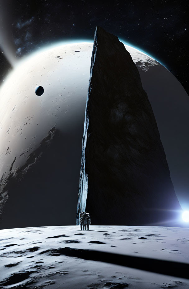 Astronaut explores monolith on lunar surface with planet and moon in view