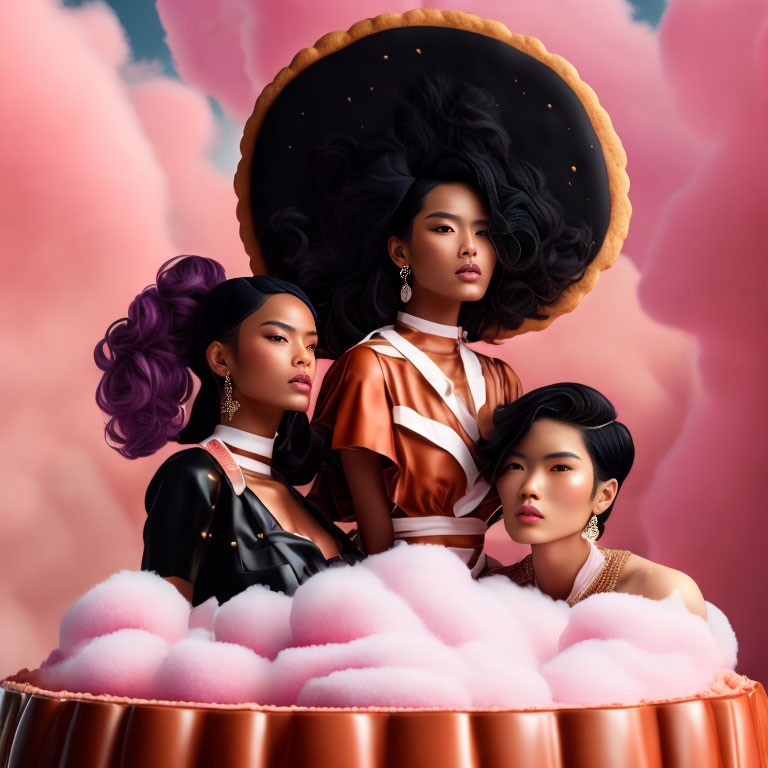Three women in stylish outfits against whimsical backdrop with clouds and giant pie.