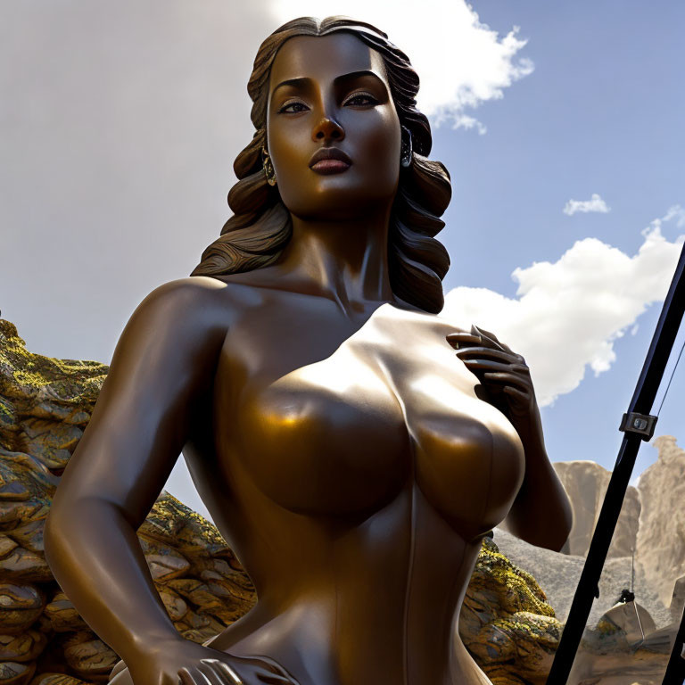 Bronze statue of stylized woman with flowing hair against blue sky and rocky terrain