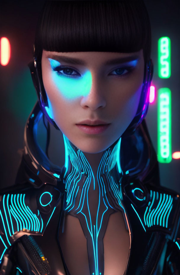 Futuristic woman with glowing blue neon lights and dark bob haircut in dimly lit neon bars