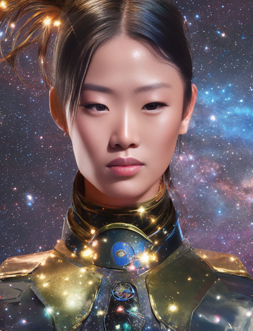 Asian woman in futuristic gold and silver armor against starry backdrop.