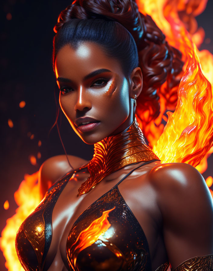 Digital portrait of a woman with fiery elements: glowing skin, intense eyes, flames in hair and clothing