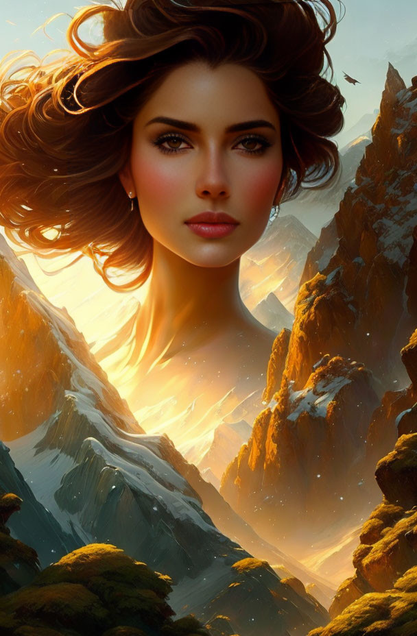 Digital artwork of woman with flowing hair against illuminated mountains & starry sky