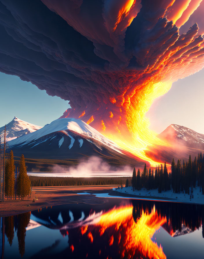 Majestic volcanic eruption reflected in serene lake