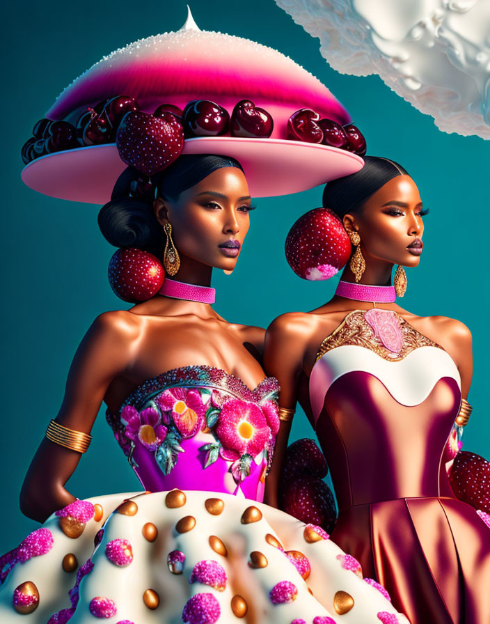 Women in dessert-themed dresses and hats with strawberries and pearls on teal background