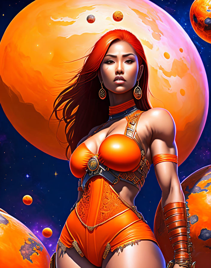 Illustration of Woman in Futuristic Orange Armor with Red Hair against Cosmic Background