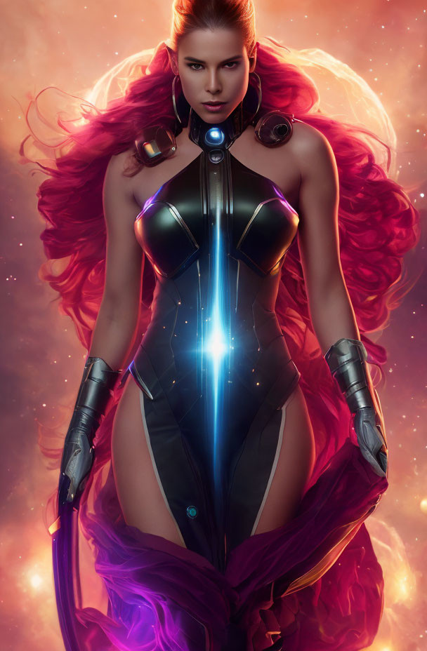 Digital artwork: Woman with red hair in futuristic armor, glowing blue lights, and purple aura