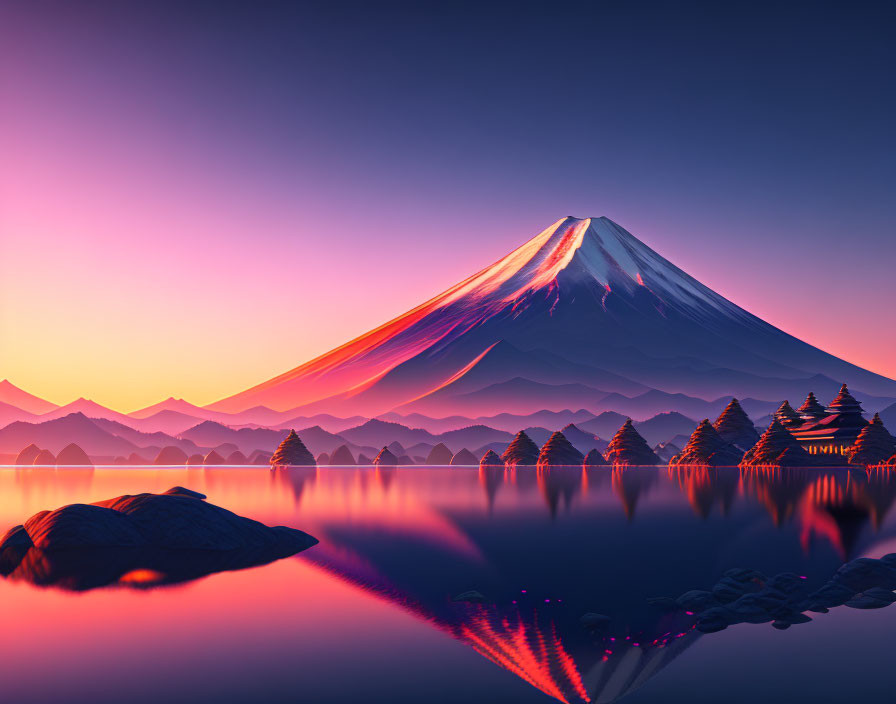 Scenic Sunrise View: Mount Fuji, Pink and Purple Sky, Tranquil Lake