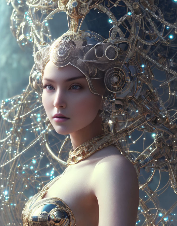 Ornate golden headpiece and intricate jewelry on a futuristic woman