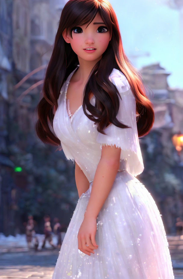 Digital illustration: Female character with long brown hair in white dress on sunlit street.