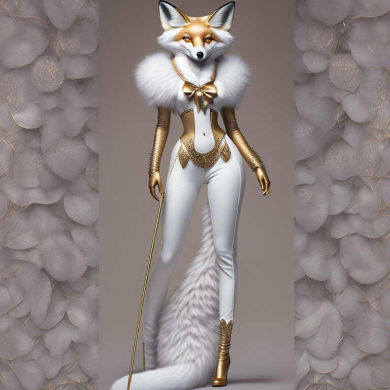 Elegant White Fox Character with Golden Accents and Cane