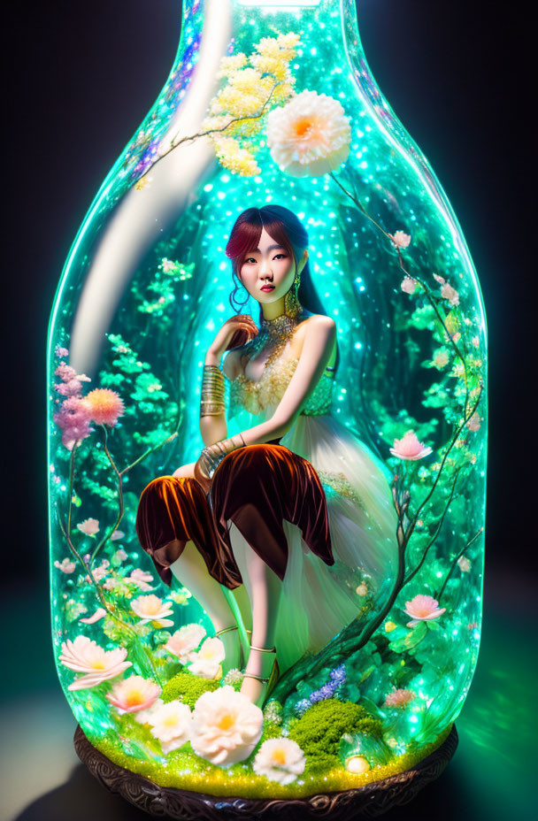 Digital art: Woman in luminous terrarium with flowers & light effects