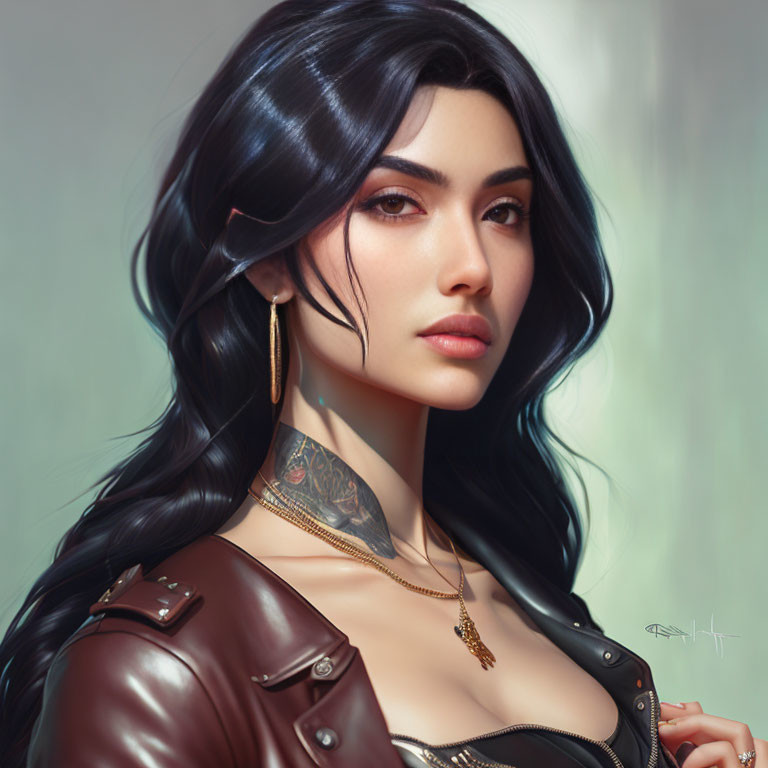 Digital portrait of woman with dark hair, tattooed neck, brown jacket, gold jewelry