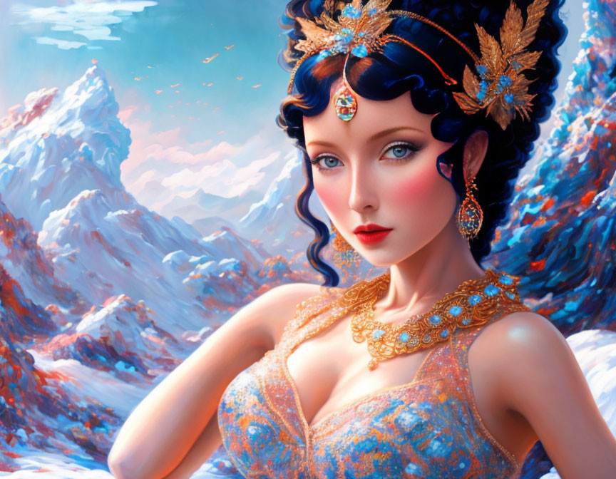 Illustrated woman with sapphire-blue eyes and golden jewelry against snowy mountains