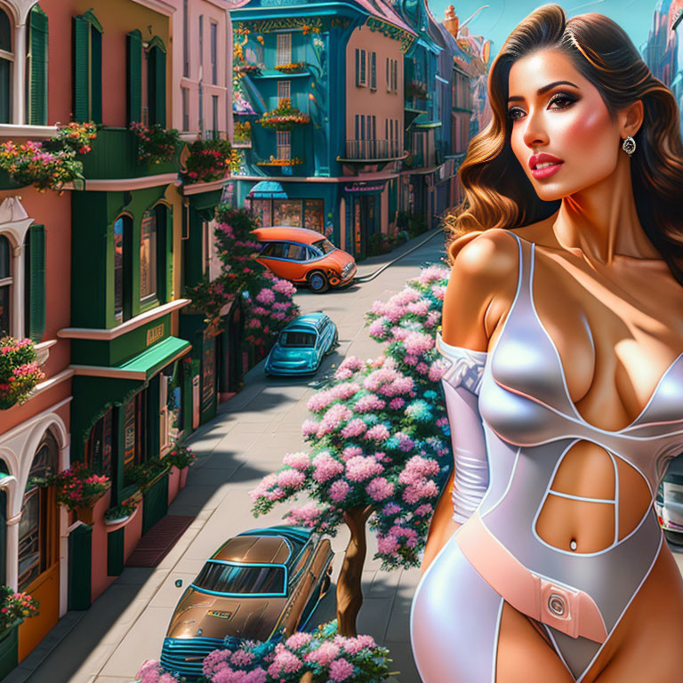 Stylized illustration of a chic woman on vibrant street