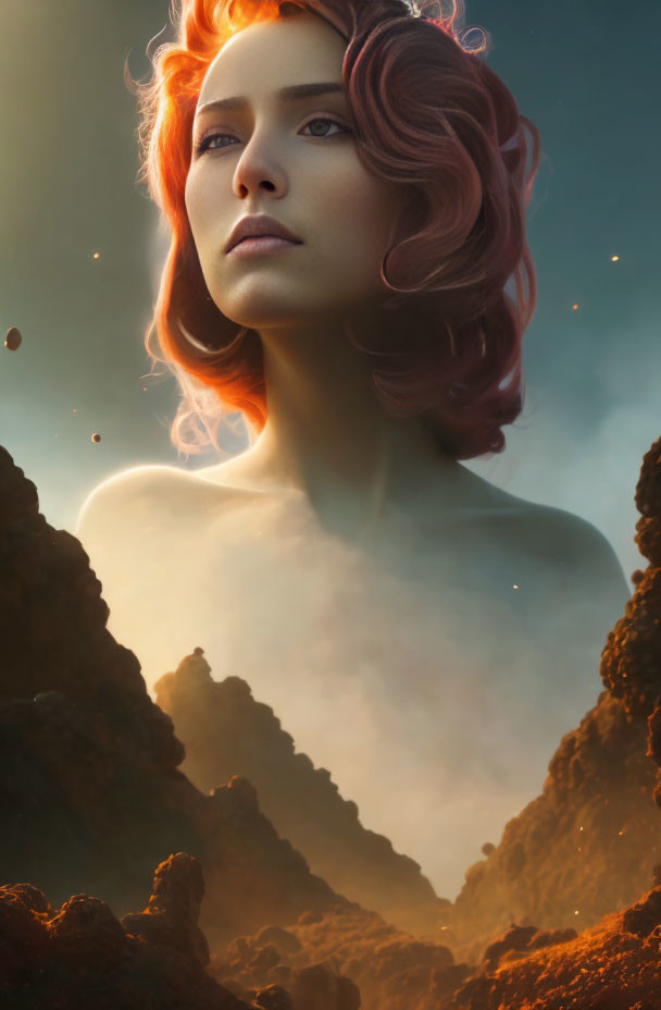 Surreal portrait of woman with red hair in dramatic landscape