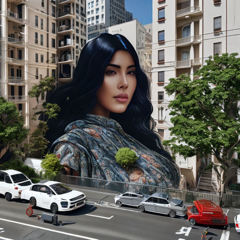 Photorealistic mural featuring woman with dark hair and patterned shawl