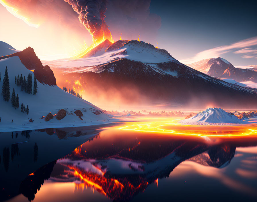 Volcanic eruption lighting up snowy landscape at dusk