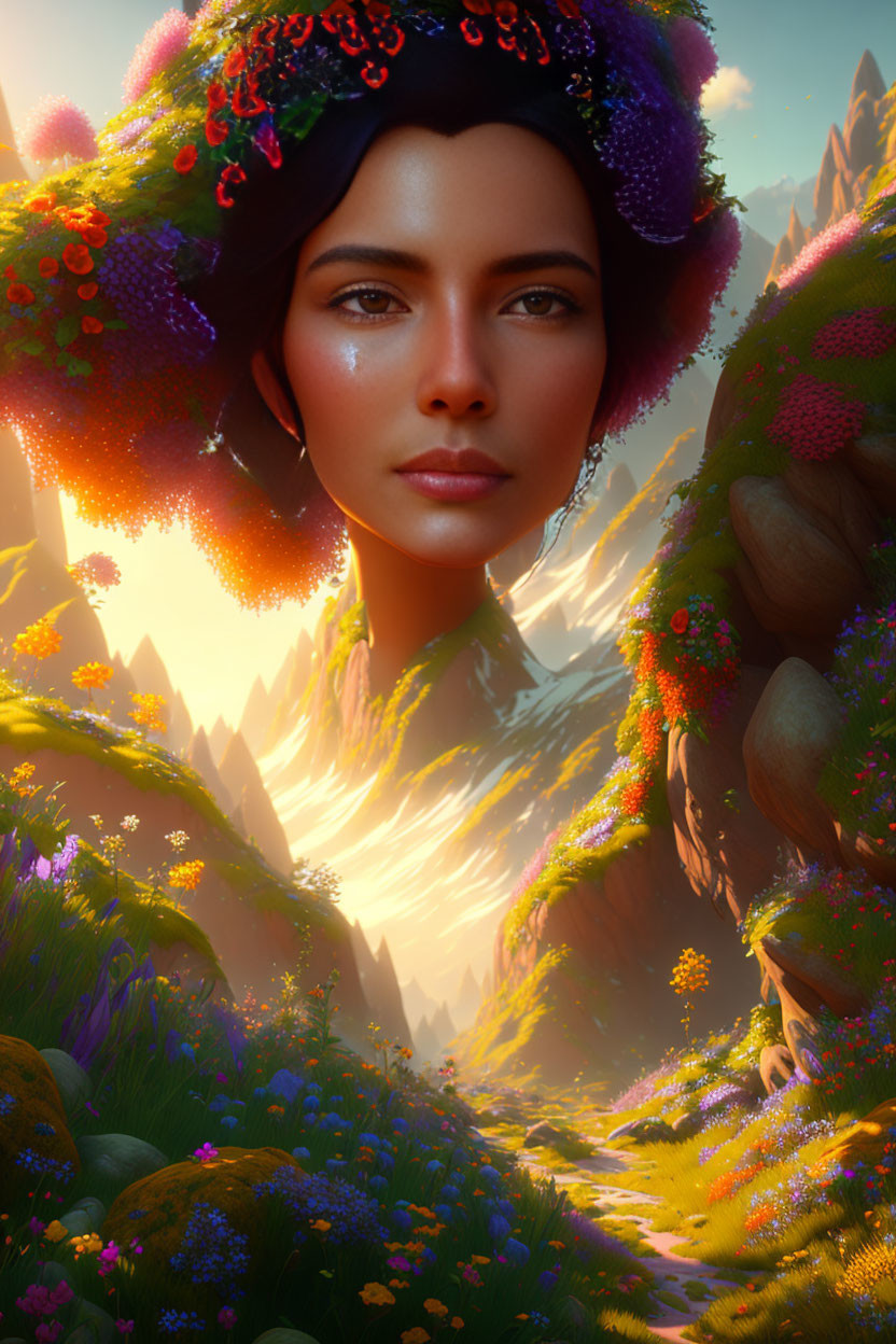 Woman with floral headpiece in vibrant fantasy landscape