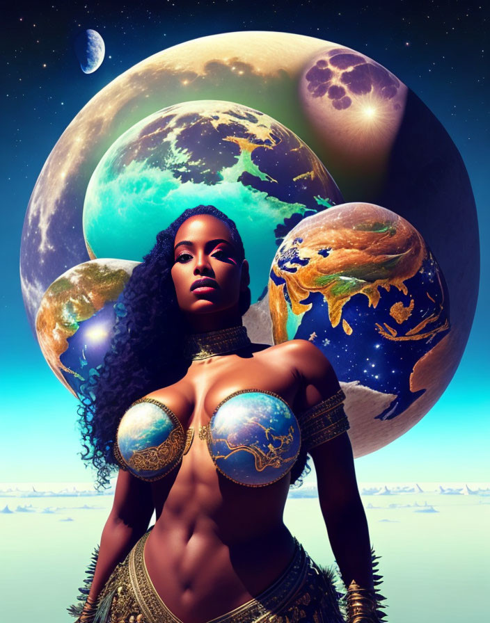 Woman adorned in gold jewelry against cosmic backdrop with oversized planets.