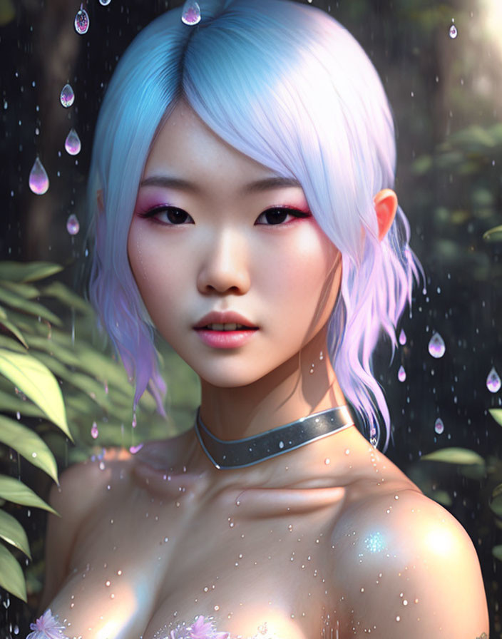 Asian woman with pastel blue hair and choker in nature setting.