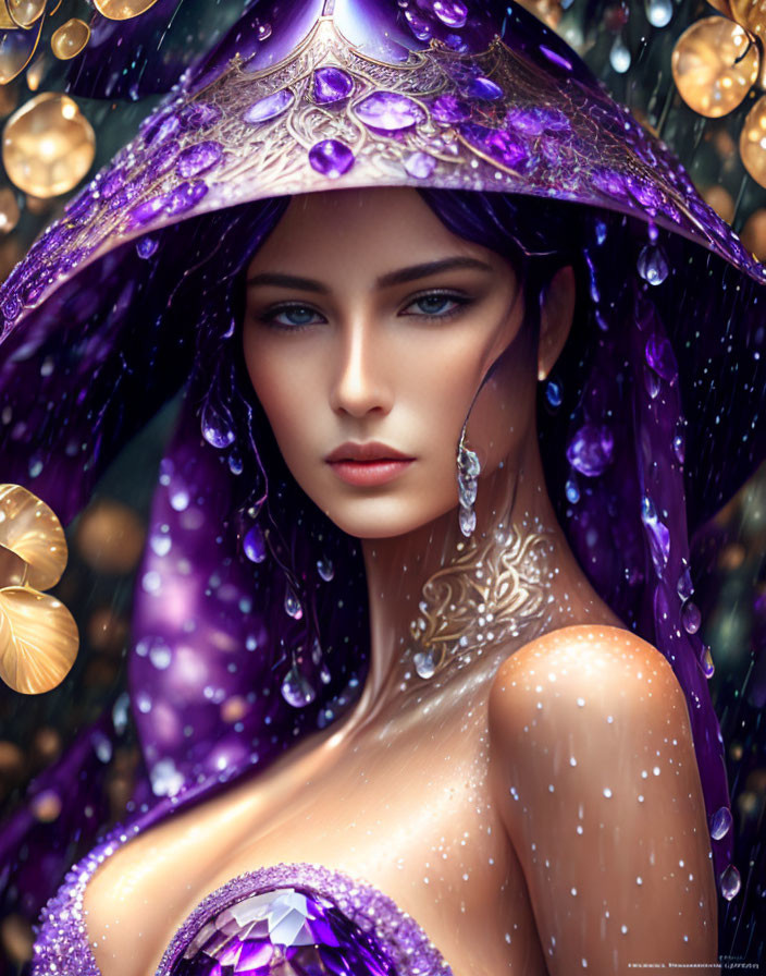 Woman with Blue Eyes Holding Sparkling Purple Umbrella in Rainy Scene