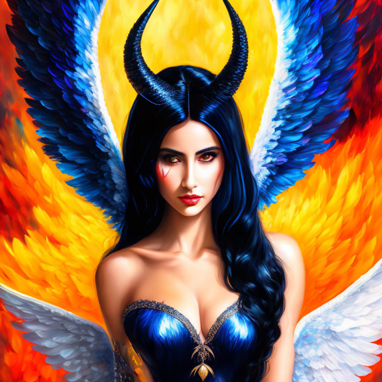 Colorful artwork of woman with dark hair, horn, phoenix-like wings, and blue corset