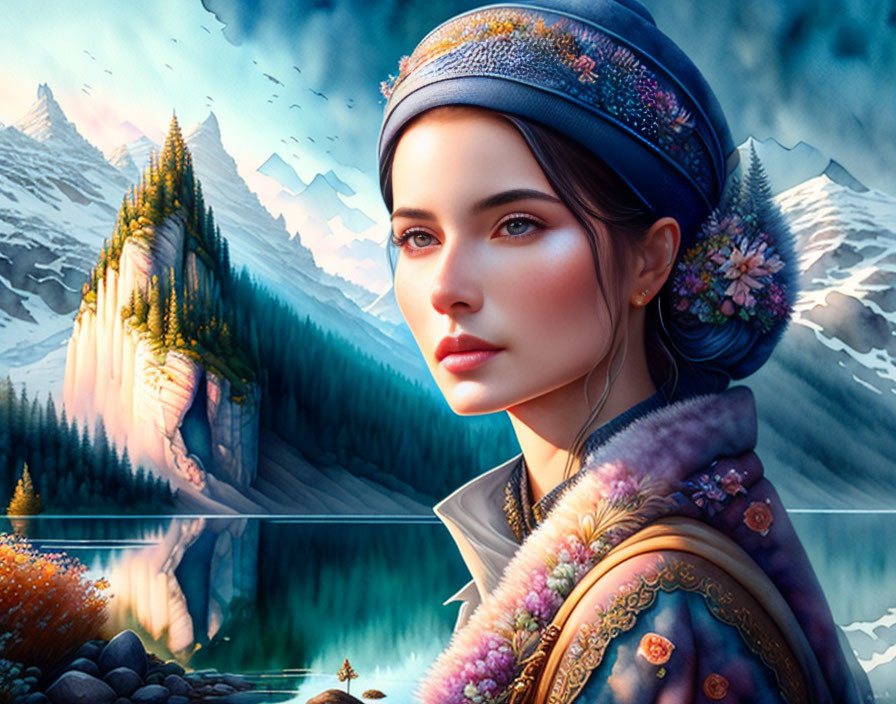 Digital artwork: Woman in embellished attire against mountain backdrop