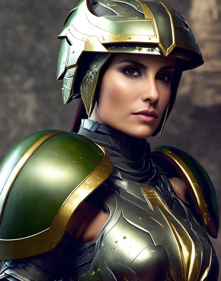 Fantasy-style golden and green armored helmet and shoulder guards on person with fierce gaze.