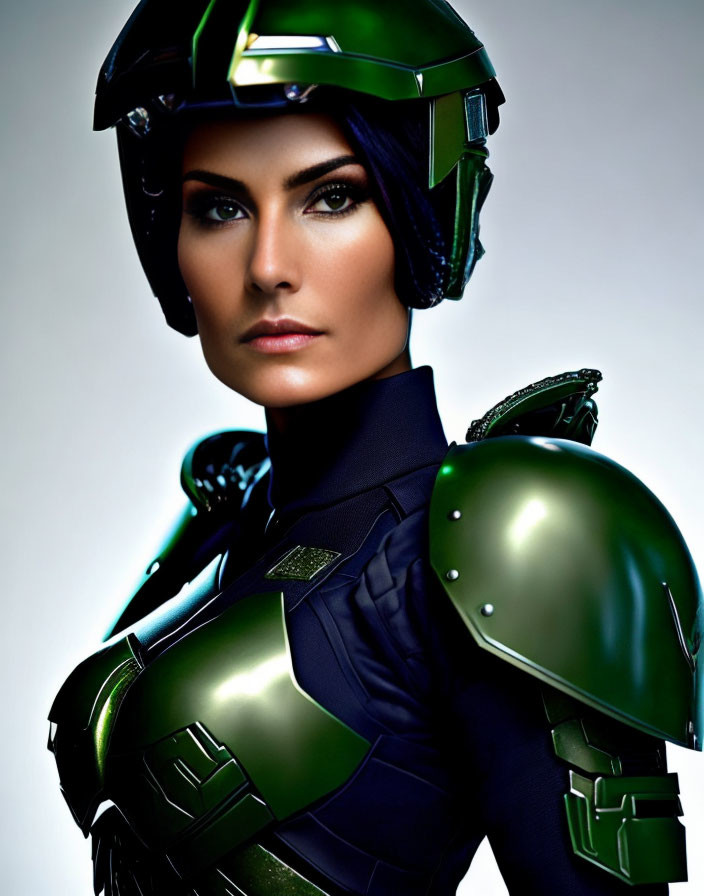 Futuristic armored woman with green accents and helmet gazes at camera