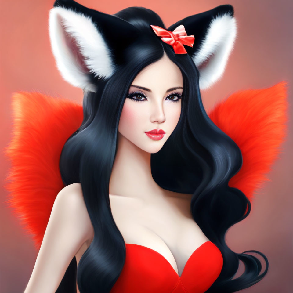 Illustrated woman with fox ears, red bow, and vibrant red tails on soft red background