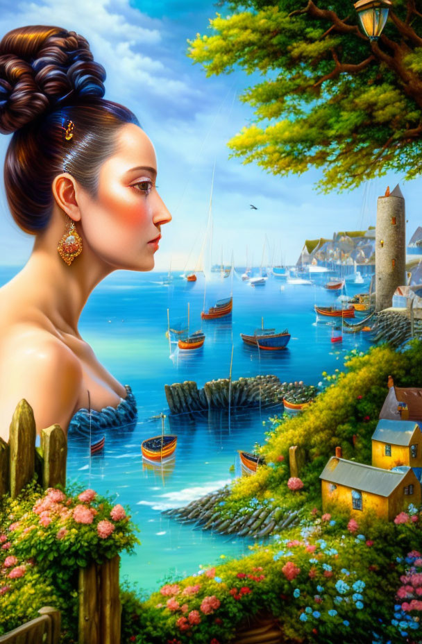 Surreal illustration of woman's profile with coastal village and blooming flowers