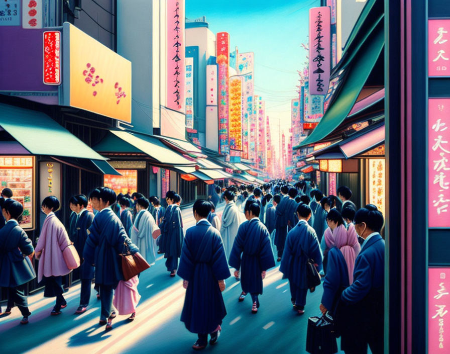 Colorful urban street scene with neon signs and bustling crowds in a Japanese city