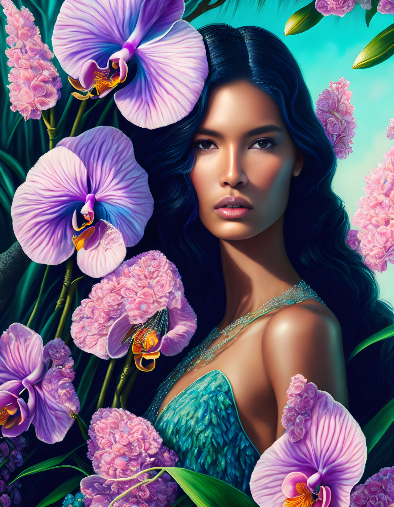 Digital art portrait of woman with dark hair and vibrant flowers in pink and purple.