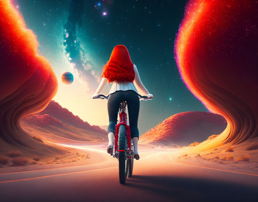 Red-haired woman on motorcycle rides towards cosmic horizon in desert.