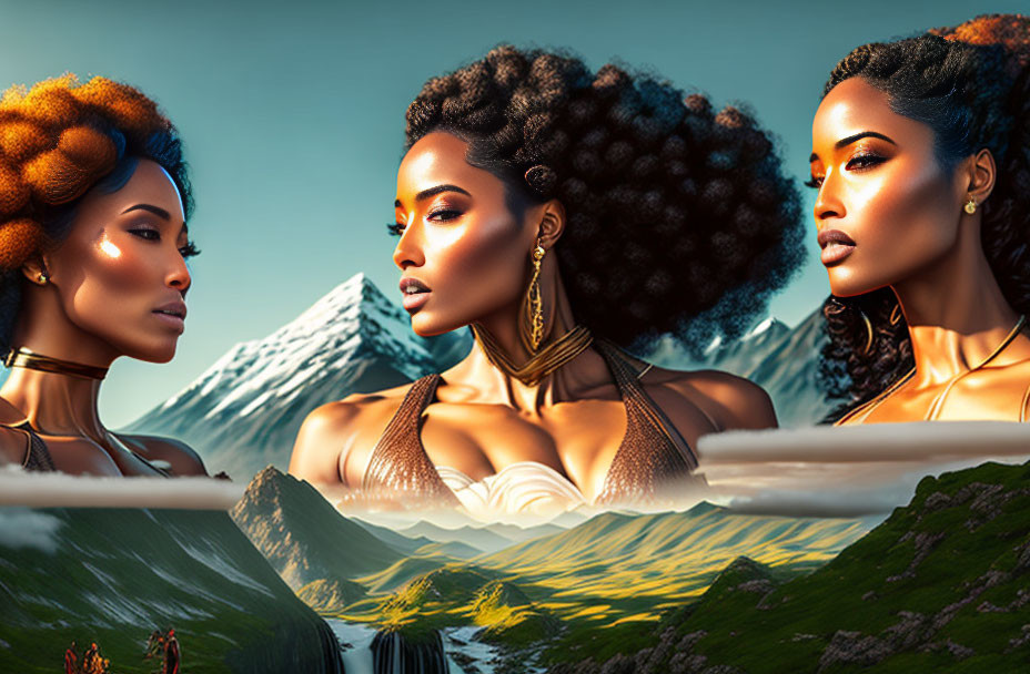 Stylized women with elaborate hairstyles in mountainous landscape.