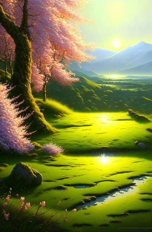 Scenic sunset over lush green landscape with blooming cherry trees