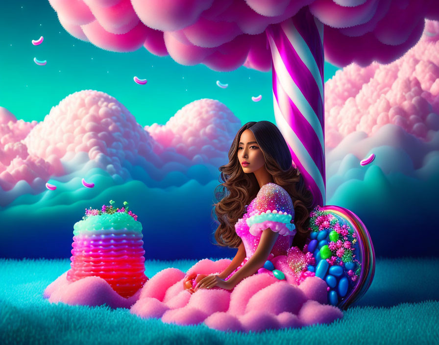 Woman in Candy-Themed Fantasy Landscape with Pink Clouds