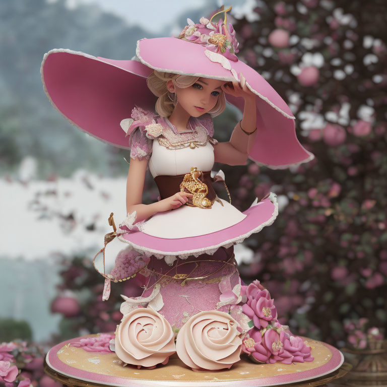 Whimsical character in floral outfit with pink hat in 3D rendering