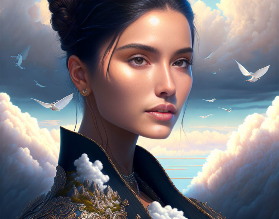 Digital portrait of woman with tanned skin and dark hair in cloudy sky with white birds