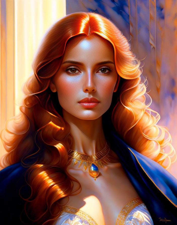 Digital Artwork: Woman with Red Hair, Gold Necklace, and Blue Cape in Warm Light