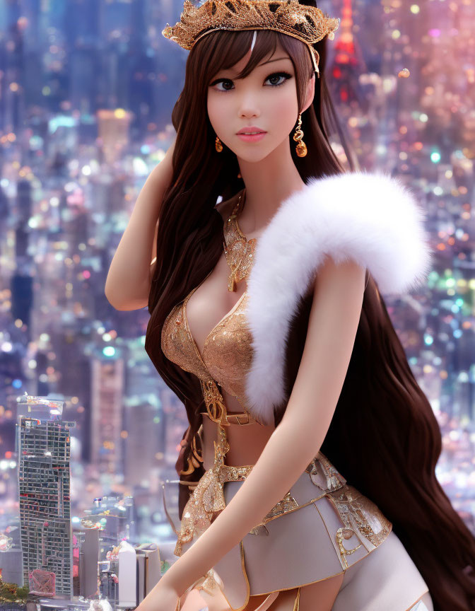 Illustrated character in gold and white outfit with fur stole against cityscape at dusk