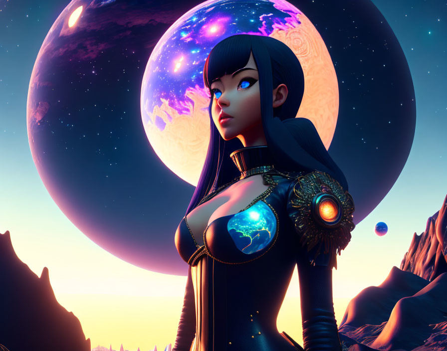 Digital artwork: Dark-haired female anime character in cosmic setting