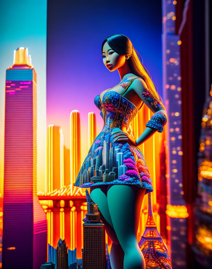 Futuristic cityscape design on woman's dress against neon-lit skyline